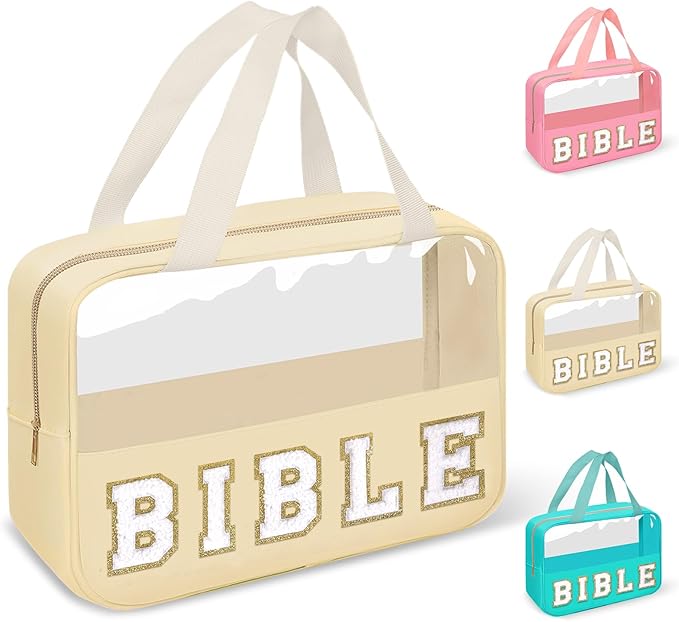 Chenille Letter Bible Bag Cover Case for Women,Preppy Bible Study Supplies Church Bag Purse Bible Accessories with Handle Zipper,Waterpoof Travel Makeup Bag Christmas Christian Gifts(BIBLE-Beige)