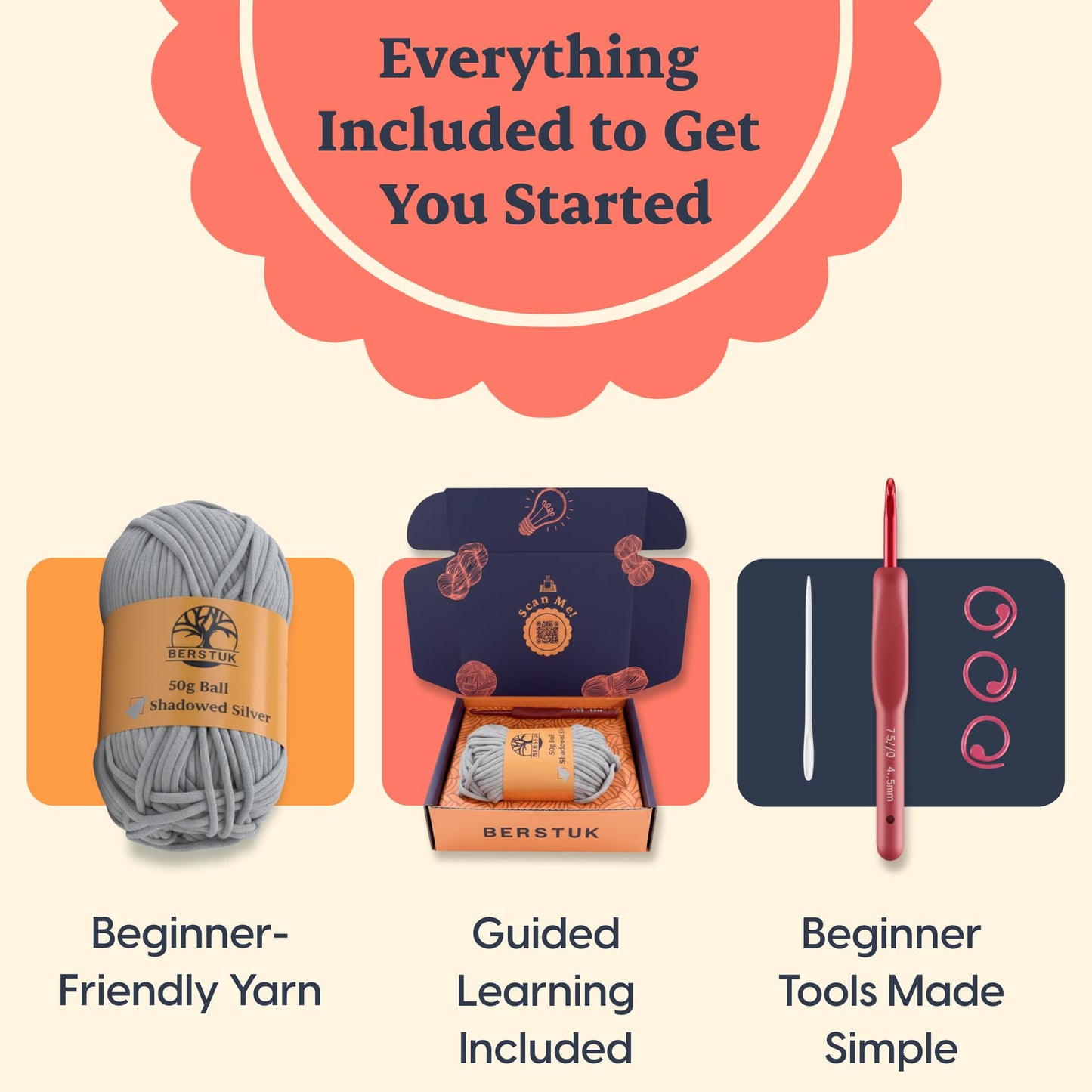 Berstuk Level 1 Absolute Beginner Crochet Kit for Adults - Crochet Starter Kit Beginner for Adults - Learn to Crochet with Expert Video Tutorials - Perfect DIY Gift