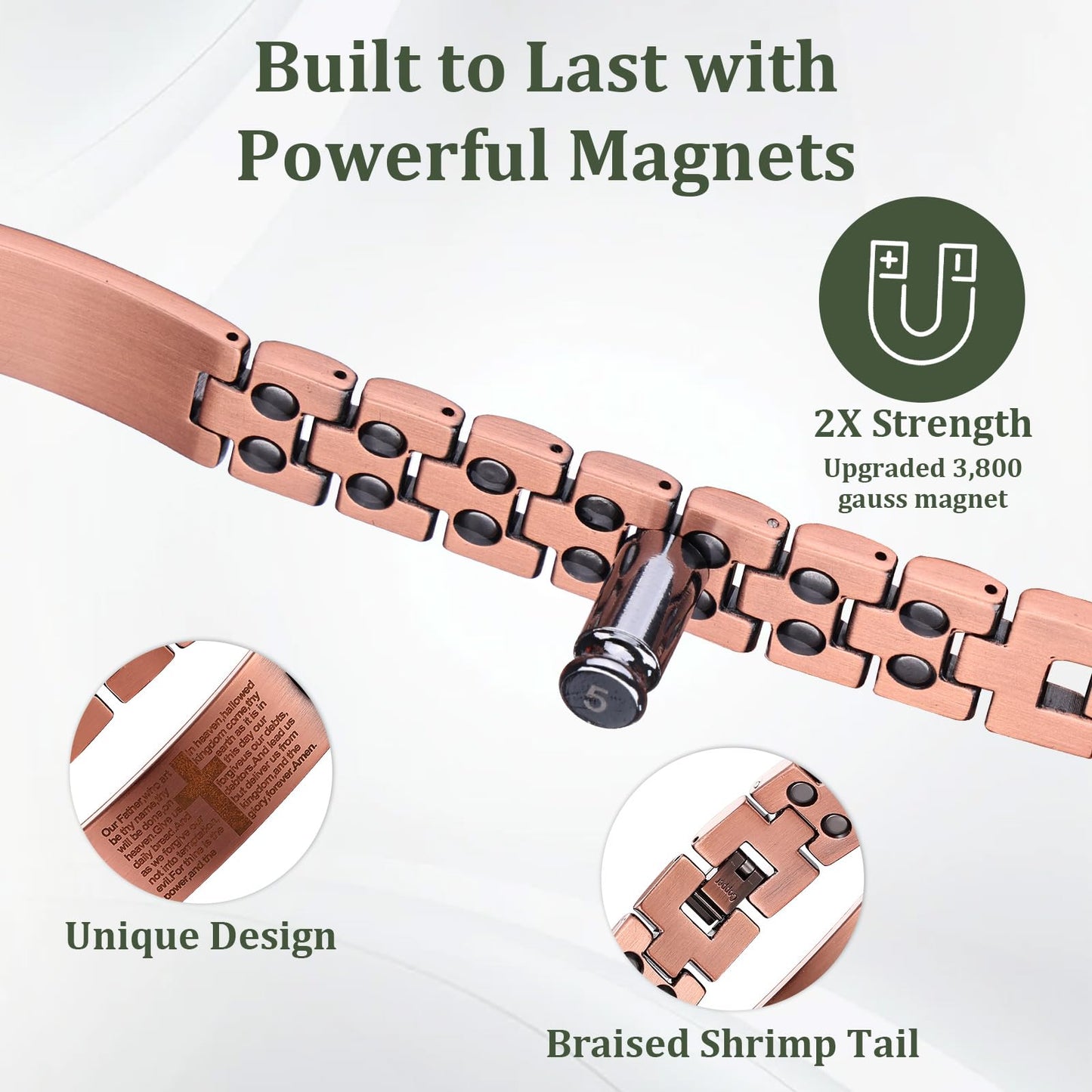 Fashtour Copper Magnetic Cross Bracelet for Men - Ultra Strength Magnetic Mens Cross - With Size Adjustment Tool (Copper CB184AC)