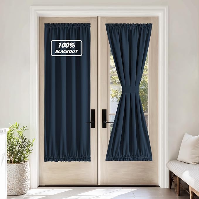 NICETOWN 100% Blackout French Door Curtain,Privacy Thermal Insulated Window Curtain with Adjustable Tieback for Glass Front Sliding Patio Door, 1 Panel, 36W x 72L, Navy