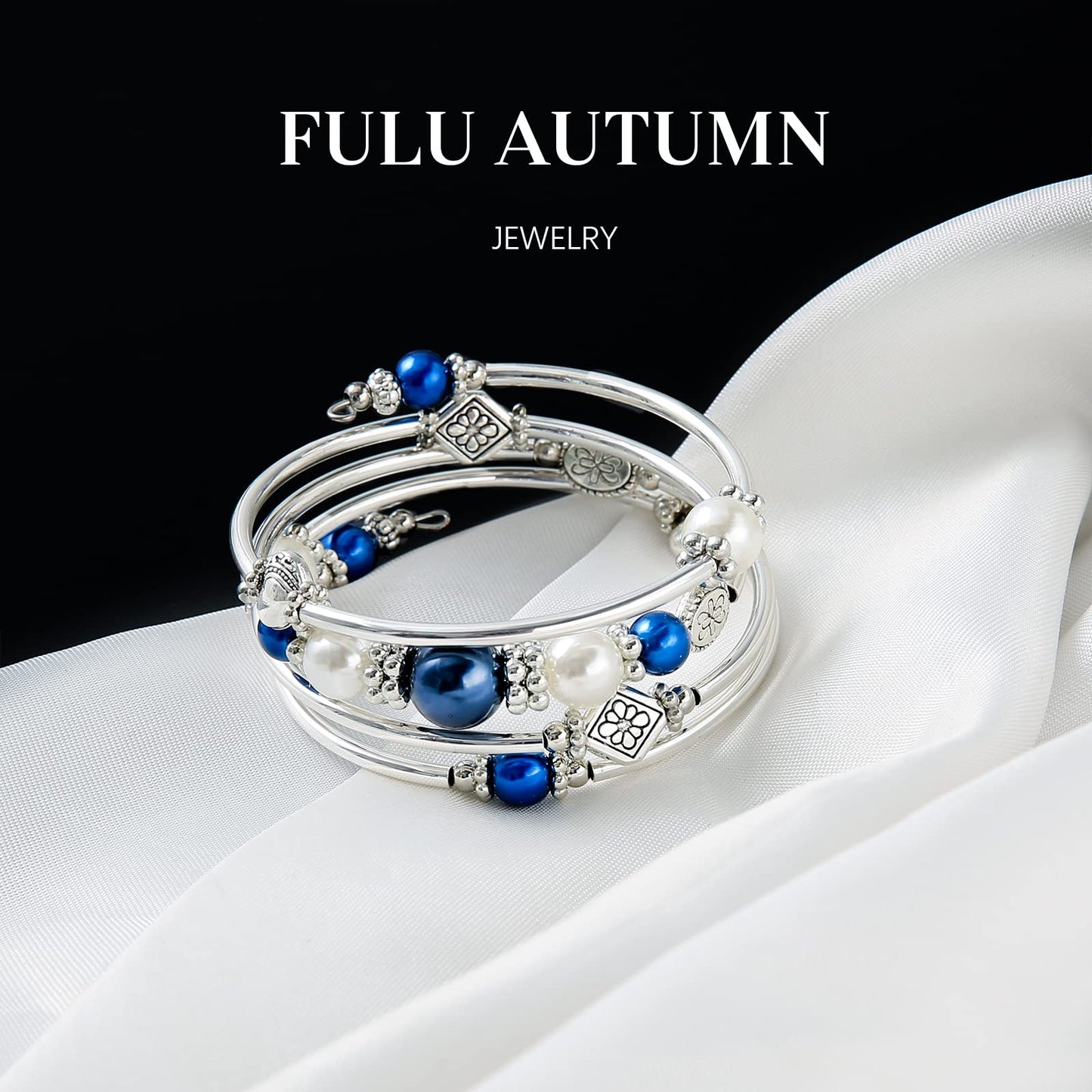 FULU AUTUMN Beaded Pearl Bangle Bracelets for Women Silver Wrap Bangles Bracelet Womens Costume Jewelry Fashion Gift(18-Blue)