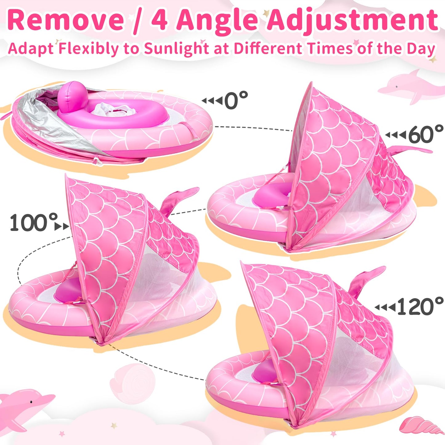 Baby Float with Canopy for Age 6-36 Months, UPF50+ Sun Protection 4 Stage Adjustable Canopy Dual Air Chambers Adjustable Safety Seat Inflatable Swim Pool Float for Baby Toddler