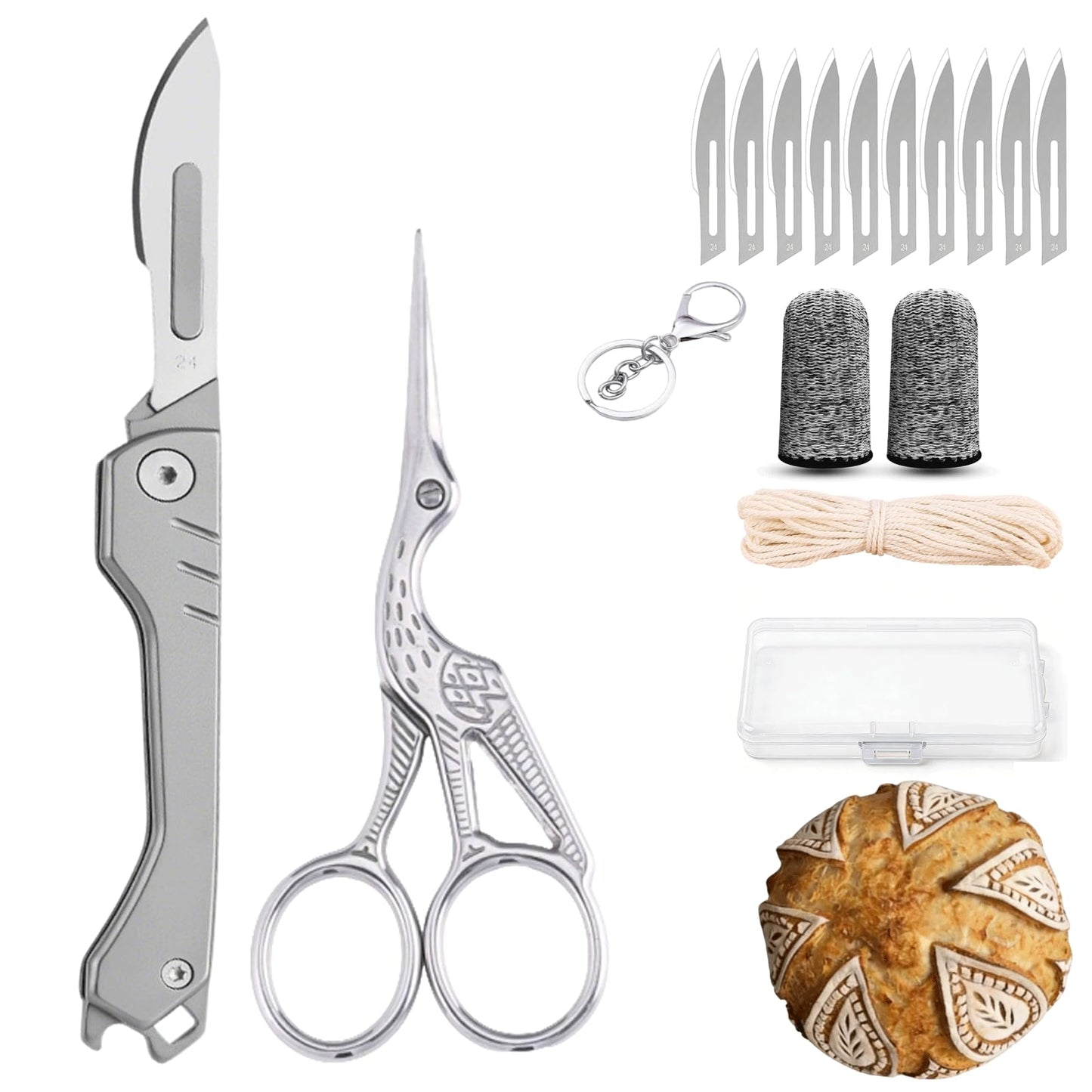 MFPQLFEL Bread Lame Dough Scoring Tool, Bread Scoring Tool Kit, sourdough scissors, suitable for baking sourdough and regular bread, comes with 100 inches of cotton string and 10 bread blades.