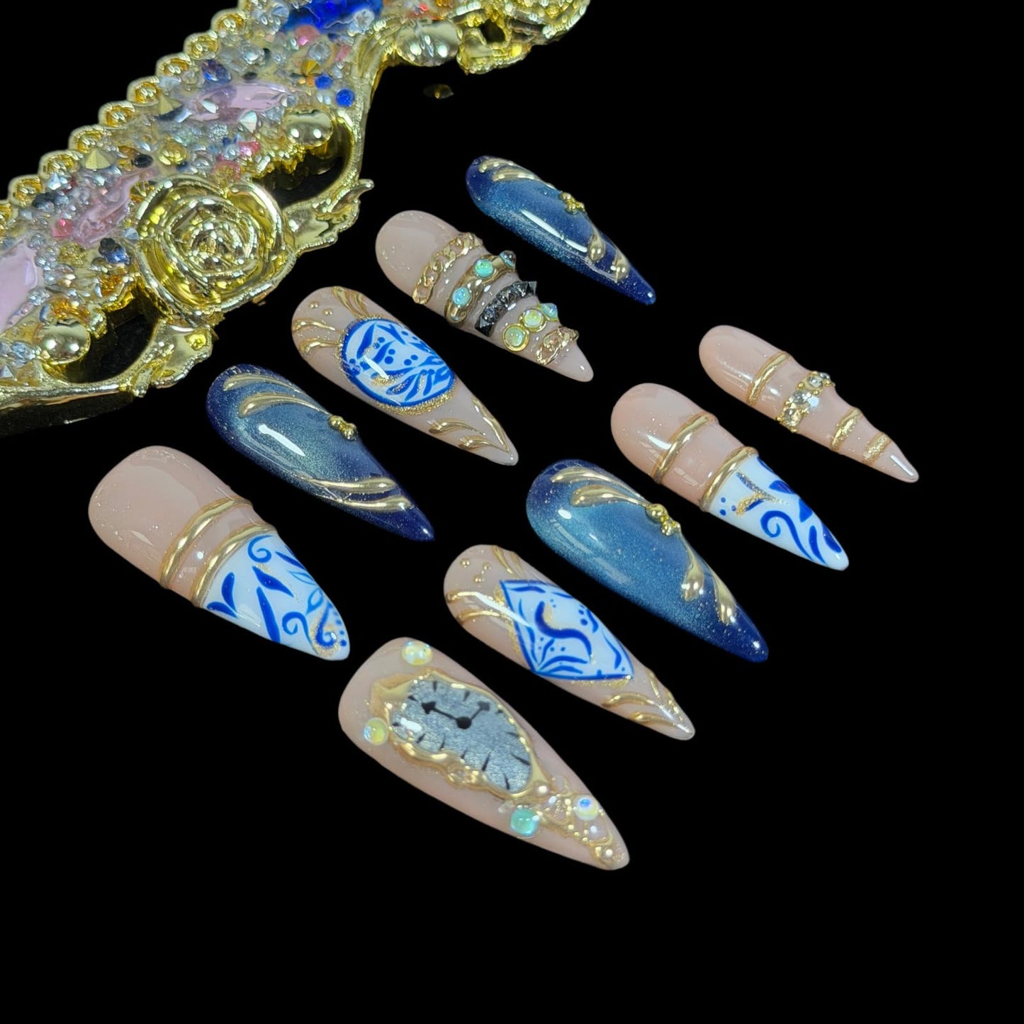 3D Handcrafted Press On Nails, Luxury Fake Nails with Porcelain Pattern, Ring Jewelry Inspired & Unique Clock Face Design, Reusable Acrylic False Nails Navy Blue (M)