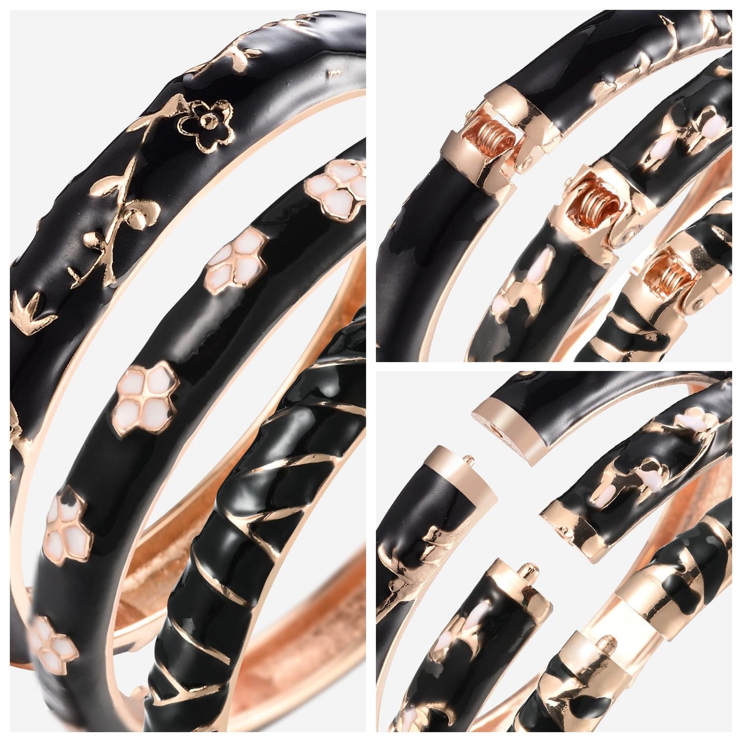 UJOY Womens Multi-Colors Cloisonne Bracelet Gold Plated Flower Enameled Hinged Cuff Bangles Jewelry Gift 55A-3pcs Black