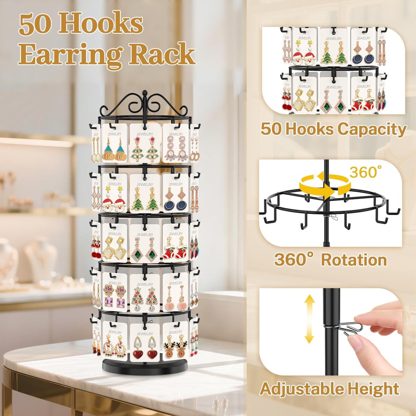 MODOWEY Earring Card Display Stand for Vendors, 50 Hooks Metal Rotating Organizer Rack Holder, 5 Tier Adjustable Jewelry Tree for Stud Pierced Dangle Selling, Boost Sales Compact Earing Hanger, Black