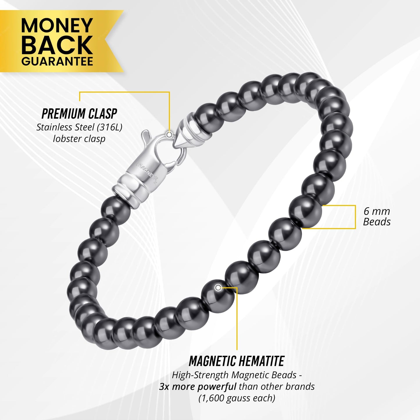 MagnetRX® Hematite Magnetic Bracelet – Max Strength Magnetic Stones – Elegant Beaded Hematite Bracelets for Men and Women (Classic | Small)