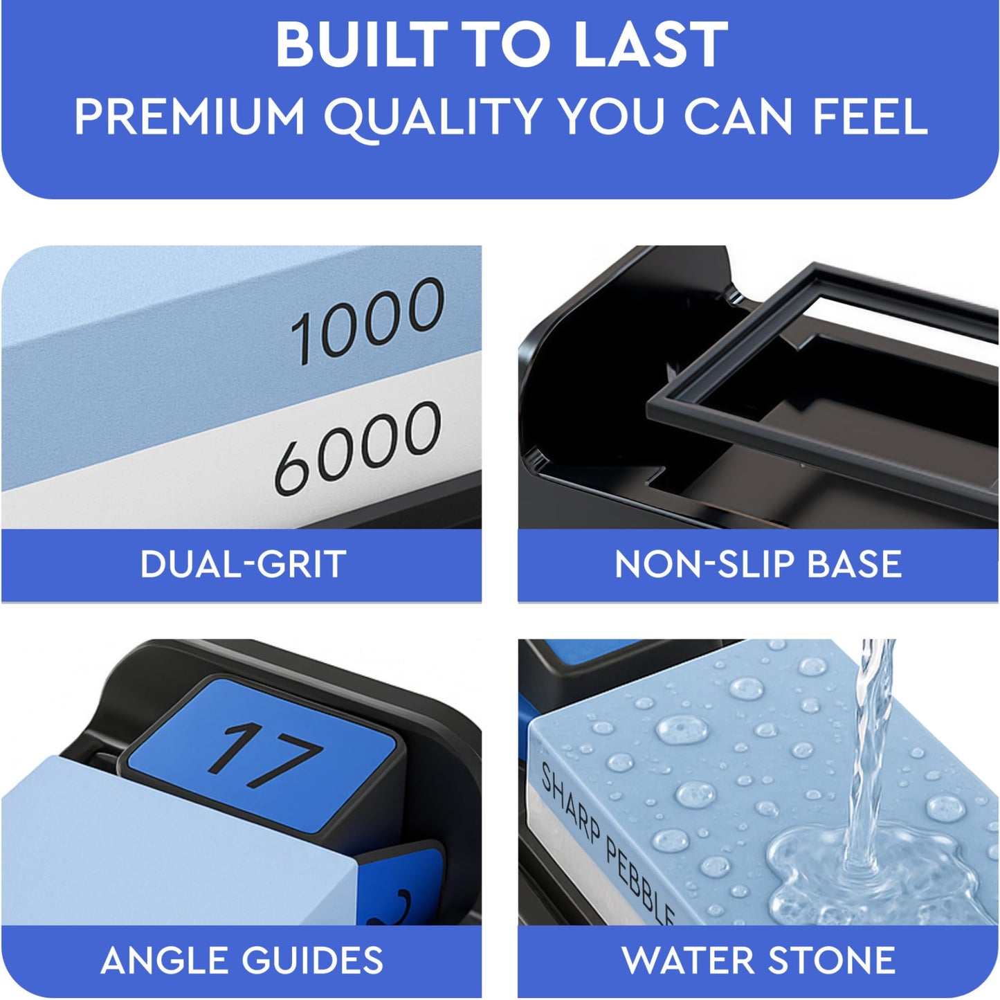 Sharp Pebble Complete Whetstone Knife Sharpening System – 1000/6000 Grit Wet Stone Sharpener Kit with Built-In Angle Guides (15°/17°/20°/22°) – Beginner-Friendly