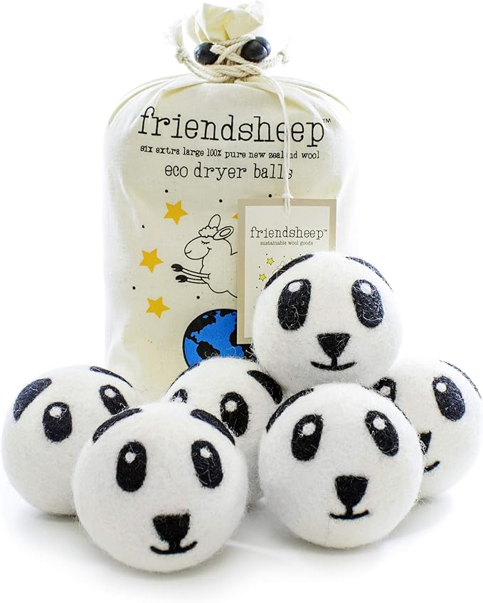 Friendsheep Wool Dryer Balls, Organic Reusable Fabric Softener Alternative for Laundry, Handmade, Fair Trade, Hypoallergenic, Eco-Friendly, Plastic-Free (6 Pack XL – Panda)