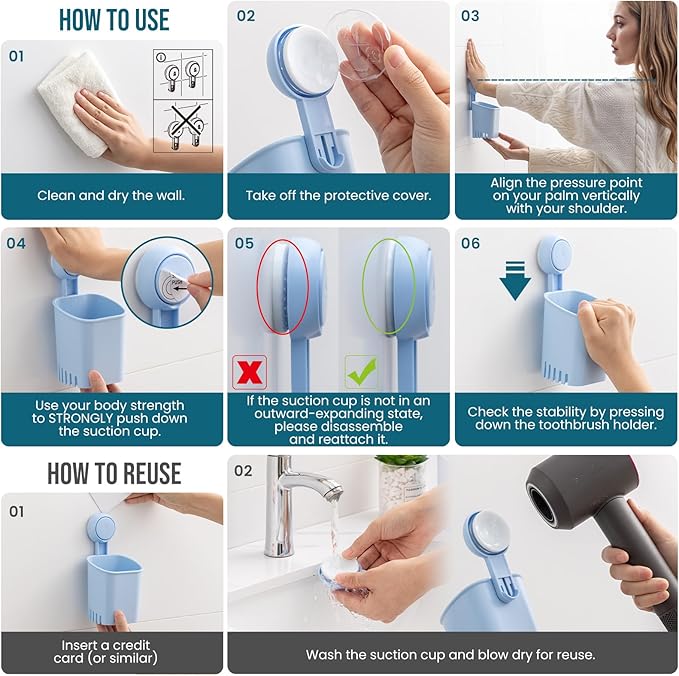 TAILI Suction Toothbrush Holder 2 Pack, Powerful Toothpaste Toothbrush Suction Cup, Self-draining Shower Razor Holder, Shower Toothbrush Holder for Wall, Kitchen Tableware Holder, Blue