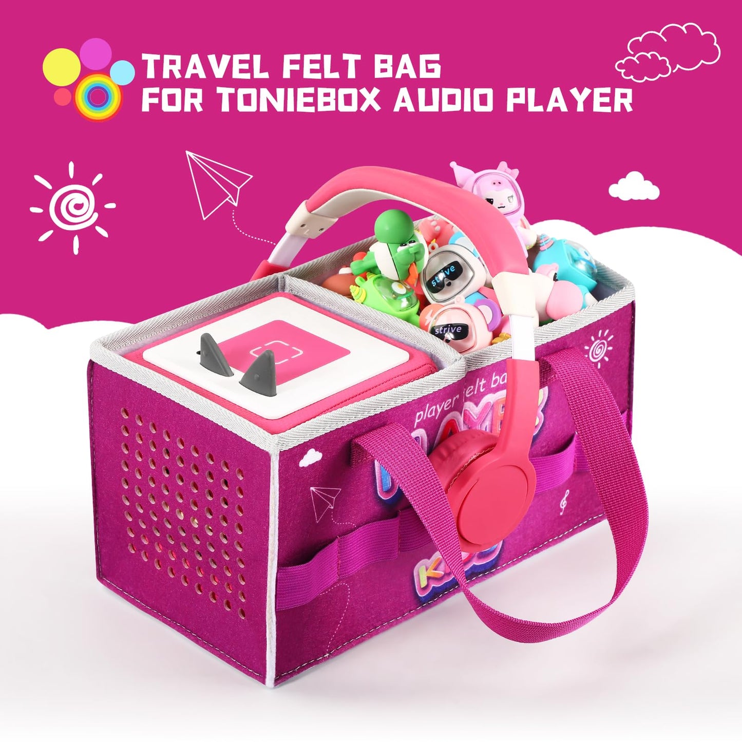 Carrying Case for Tonies Starter Set & Storage Bag for Tonies Figurine, Outdoor Hand Bag for Tonies Audio Player and Dolls Musical Toy Folding Bag for Kids Toniebox 2 Accessories (Purple Pattern)