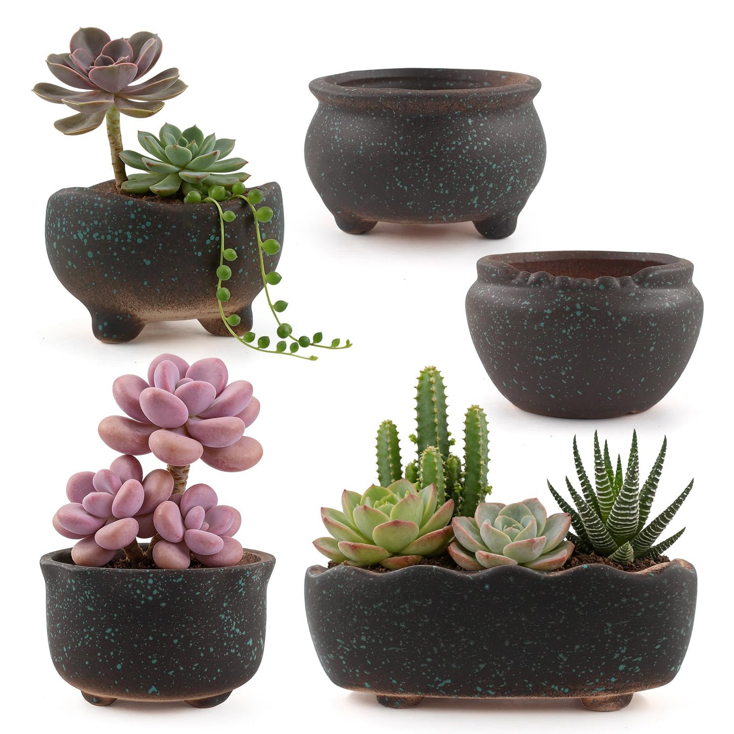 ginojex Retro Ceramic Succulent Garden Pots Small Plant Planter Container with Drainage Set of 5 for Home Office Decor
