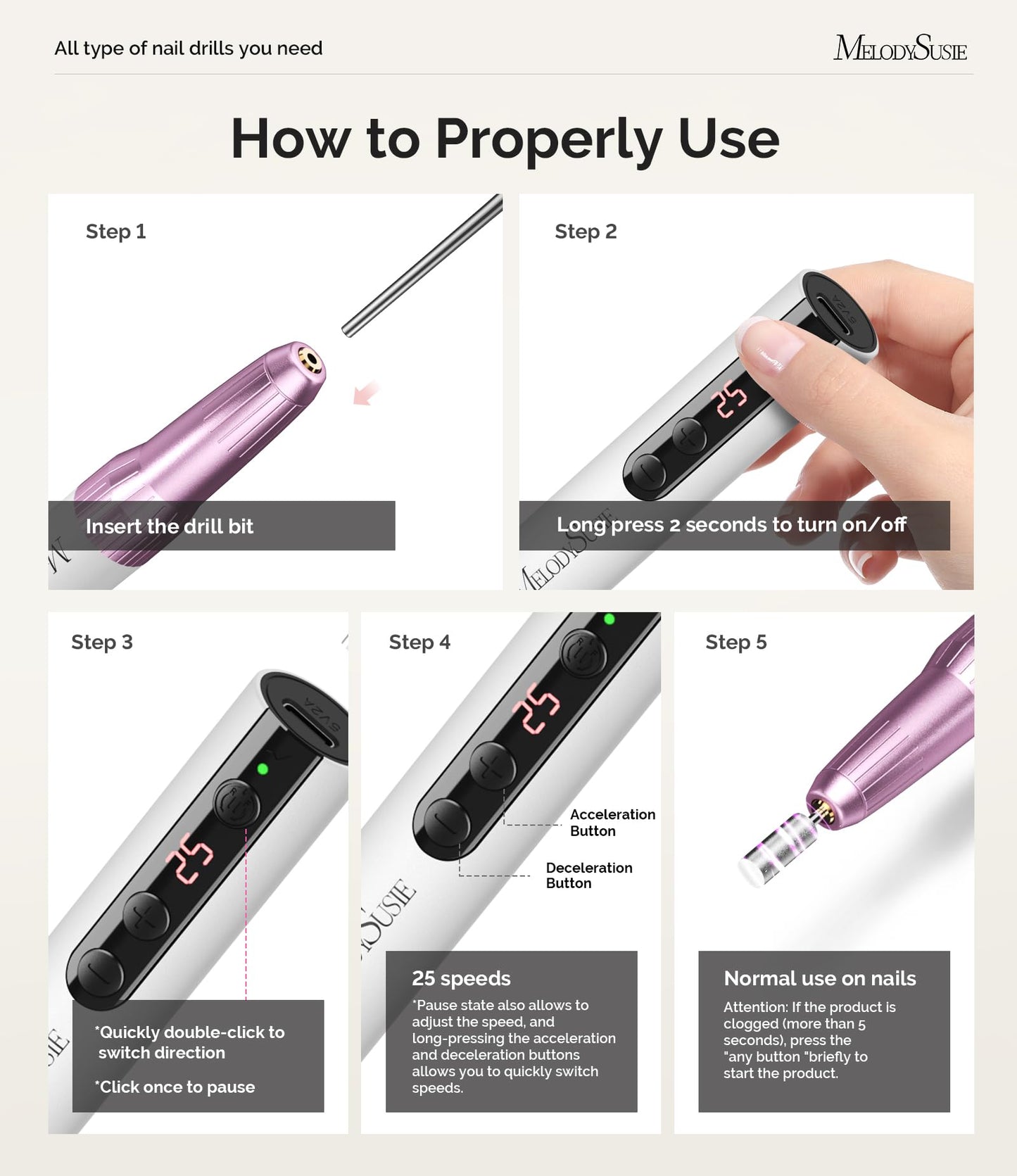 MelodySusie Pen-Shaped Portable Cordless Nail Drill, PC180E 25000RPM Rechargeable Electric File with LED Display for All Nail Care, Manicure Shaping & Acrylic Gel Removal for Nail Artists DIY at Home