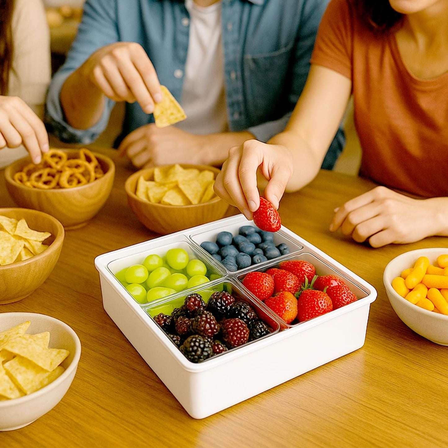 Lustroware Gourmet Palette Airtight 4-Compartment Square Serving Tray with Lid – Portable Snackle Platter & Charcuterie Organizer Box with Removable Dividers for Fruit, Vegetables, Snacks, Appetizers