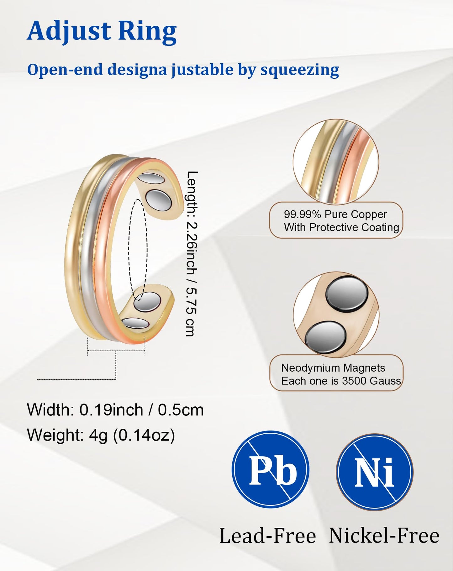 MagSølv Copper Rings for Women, 99.99% Pure Copper Adjustable Magnetic Ring, Three Color Gold Jewelry
