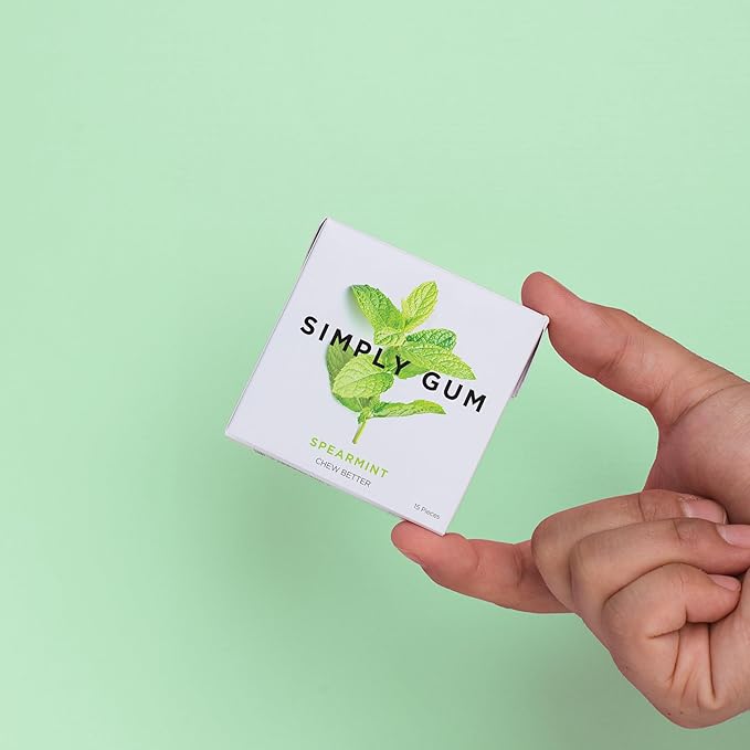SIMPLY Gum Spearmint, Plastic-Free Natural Chewing Gum, 6 Pack (90 Pieces) | Vegan, Kosher, Non GMO, Aspartame Free and Sorbitol Free