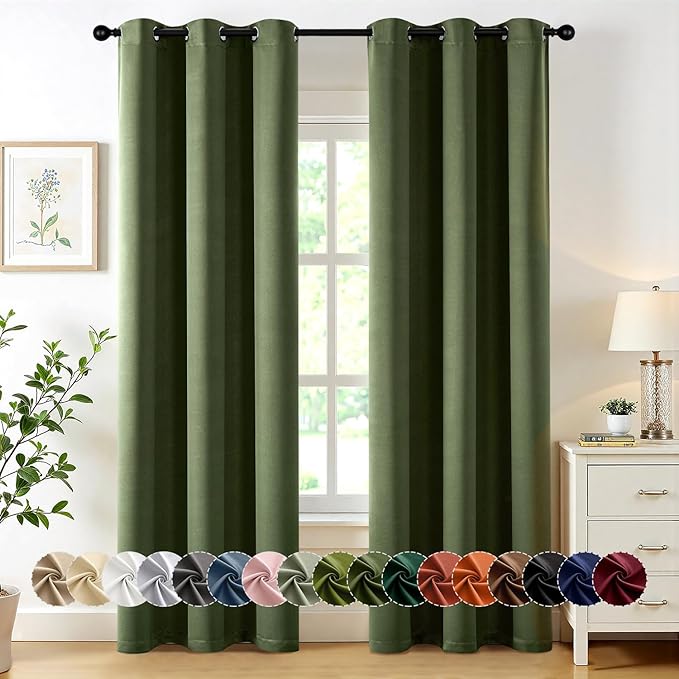 MIULEE Olive Green Blackout Curtains for Bedroom Living Room 72 Inches Long 2 Panels, Thermal Insulated Room Darkening Drapes Solid Grommet Top Noise Reducing Dark Green Window Curtains W40 x L72 Inch