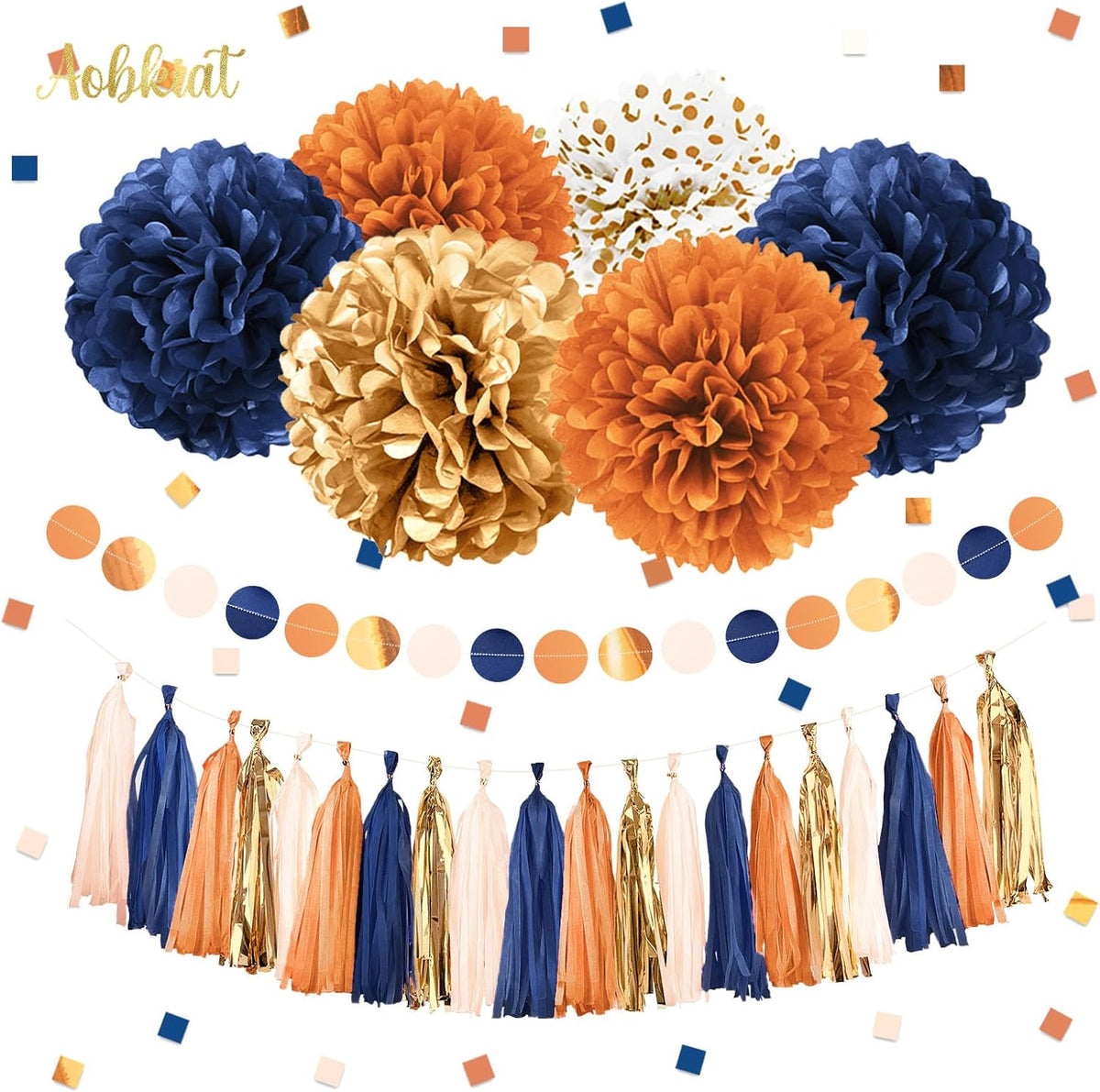 AOBKIAT Fall Baby Shower Party Decorations,28PCS Thanksgiving Home Decor,Orange Navy Gold Tissue Paper Pom Poms,Paper Garland,Hanging tassel,Table Confetti,for Baby Shower,Bridal Shower,Rustic Wedding