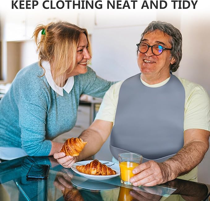 Adult Bibs for Men Women Adjustable Washable Silicone Adult Bibs for Elderly with Crumb Catcher (Dark Grey)
