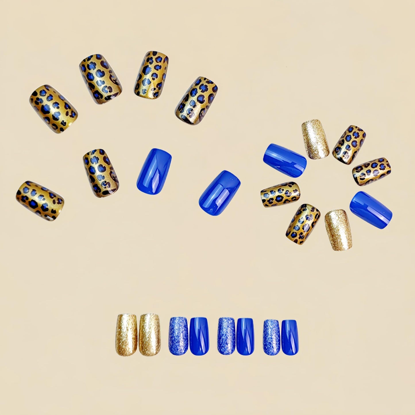 Medium Press on Nails Square Fake Nails with Blue Leopard Print Designs Glossy Acrylic Nail Tips Gold Glitter False Nails Glue on Nails Reusable Full Cover Stick on Nail for Women 24Pcs