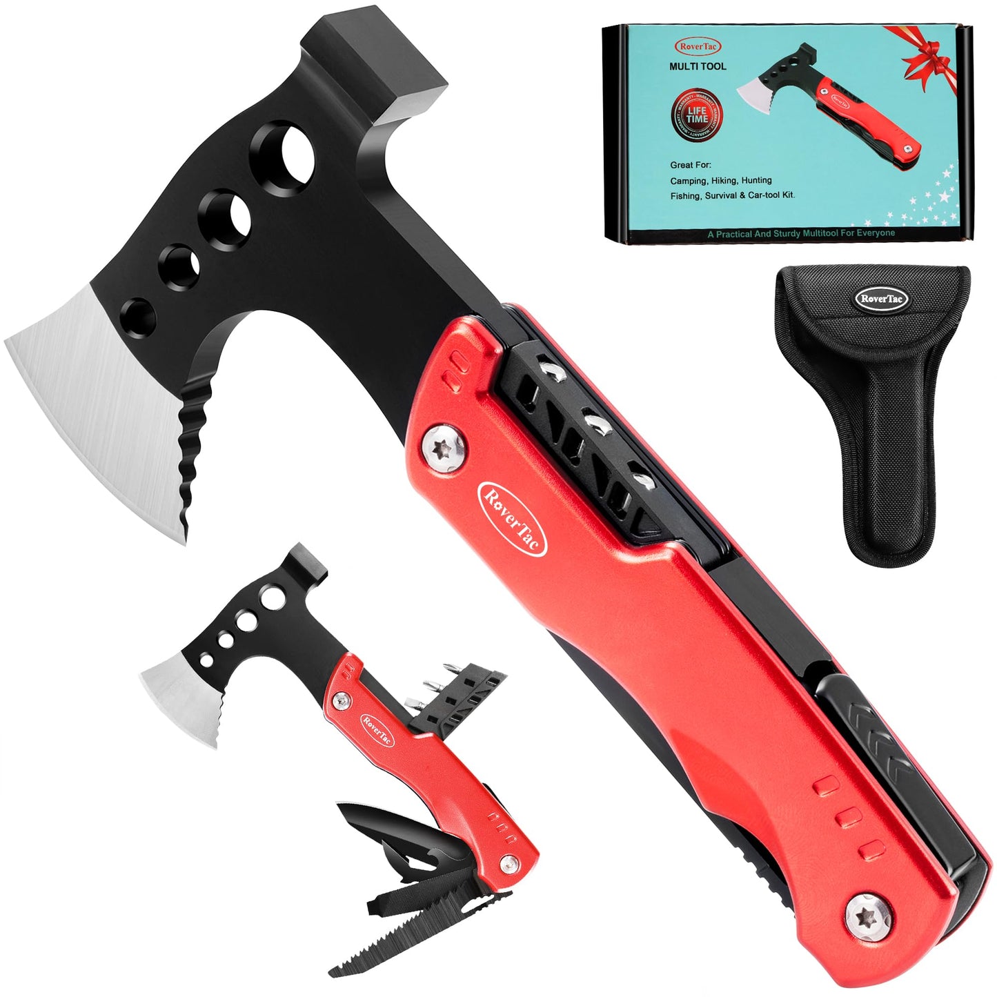 RoverTac 11-in-1 Multitool Axe Hatchet – Camping Gear with Knife, Hammer, Saw, Bottle Opener, Screwdrivers – Survival Tool with Nylon Sheath – Perfect Gifts for Men, Camping, Hiking, and Survival.