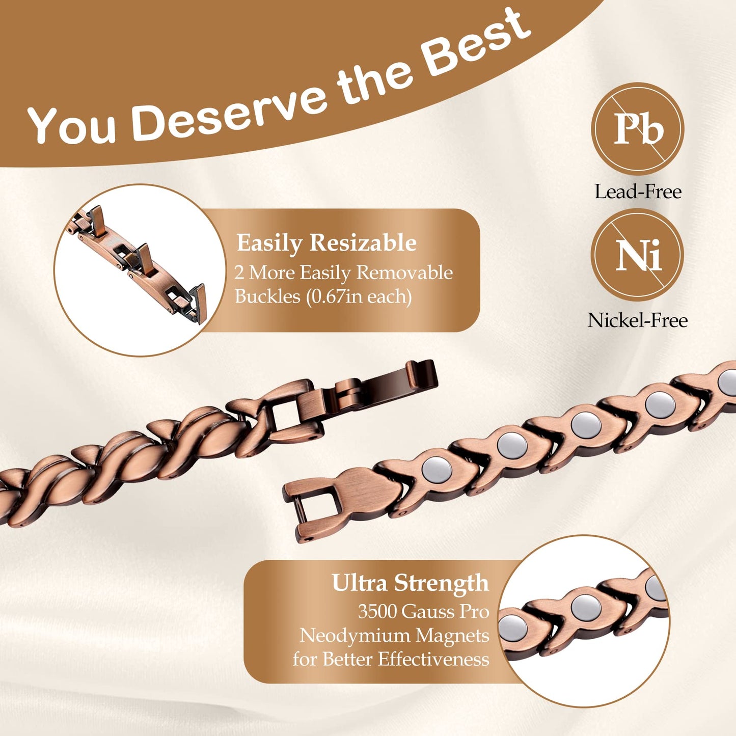 Feraco Copper Bracelets & Rings for Women, Ultra Strength Magnetic Bracelet with 3500 Gauss Neodymium Magnets, 99.99% Pure Copper Adjustable Jewelry Gift (Fishtail with Ring)