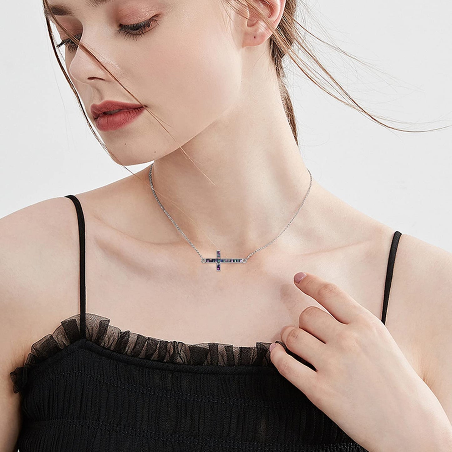 YFN Sideways Cross Necklace Sterling Silver Abalone Shell Cross Pendant Jewelry Gifts for Women Men