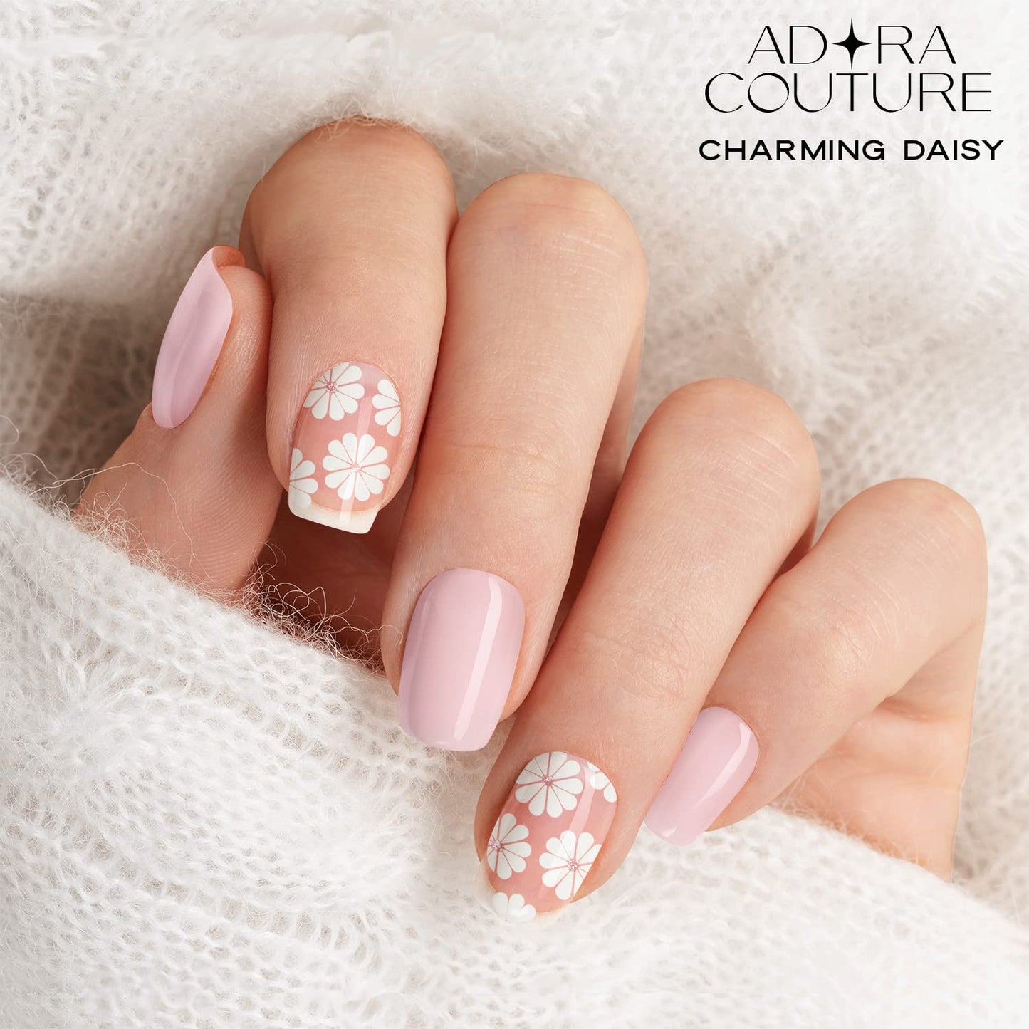 Adora Couture Semi Cured Gel Nail Strips with 20 Pieces - UV Gel Stickers, Manicure Kit, Easy Application Wraps Includes Prep Pads, Nail File, Wooden Stick - UV Light Required (Charming Daisy)