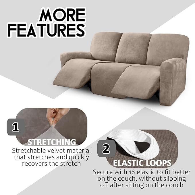ULTICOR Velvet 8-Pieces Recliner Sofa Covers Stretch Reclining Couch Covers for 3 Cushion Reclining Sofa Slipcovers Furniture Covers Thick Soft Washable (3 Seater Recliner Cover, Taupe)