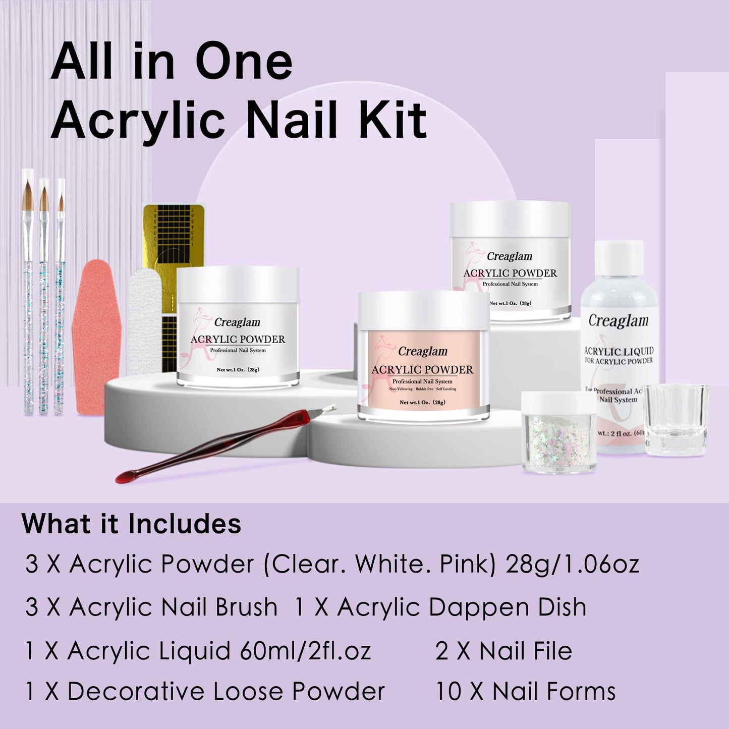 Creaglam Acrylic Nail Kit for Beginners: 3 Colors 28g Nude Clear White Acrylic Nail Powder Professional Gel Glue - 1Oz Large Capacity Acrylic False Set witn 60ml Liquid and Brush Nail Forms Tools