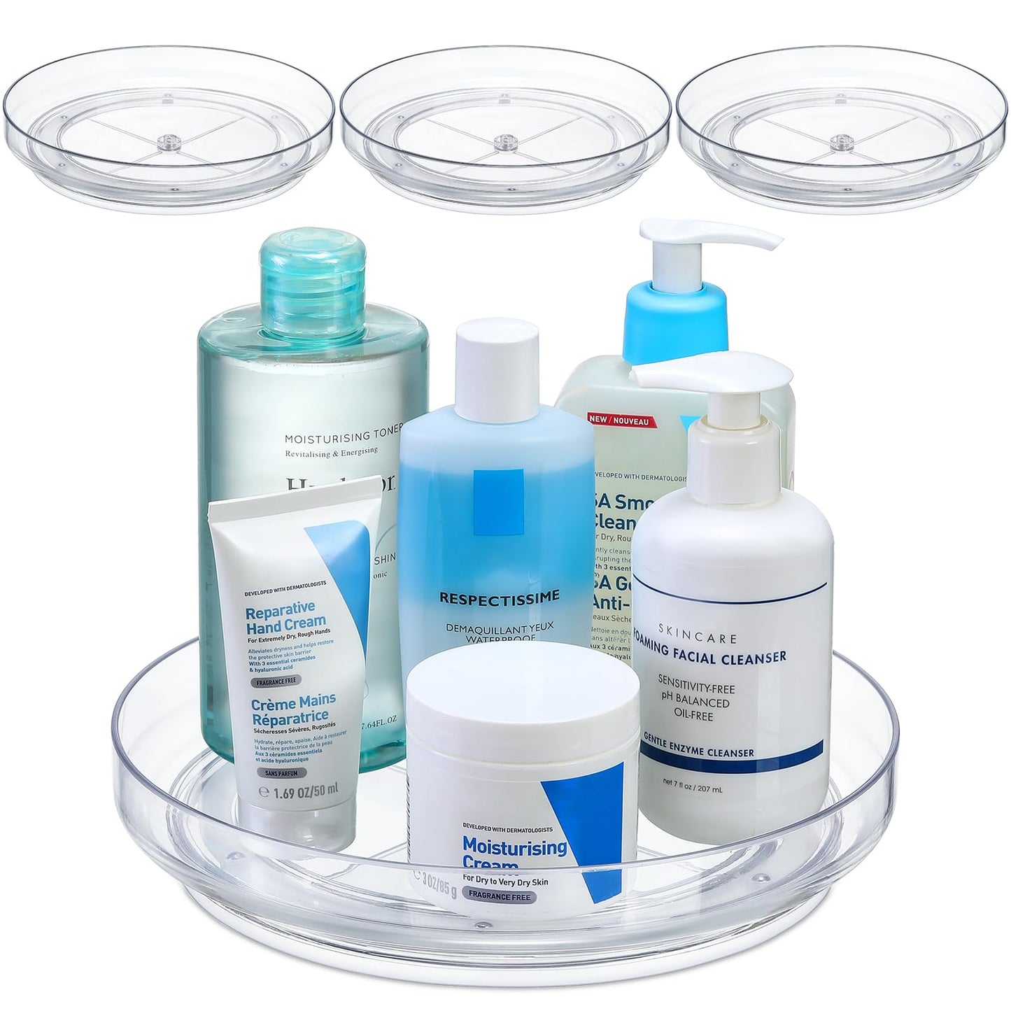 4 Pack 9 Inch Clear Acrylic Lazy Susan, Non-Skid Turntable Organizer for Cabinet, Kitchen, Pantry Organization Storage, Refrigerator, Vanity Makeup, Bathroom Countertop Organizing, Rotating Spice Rack