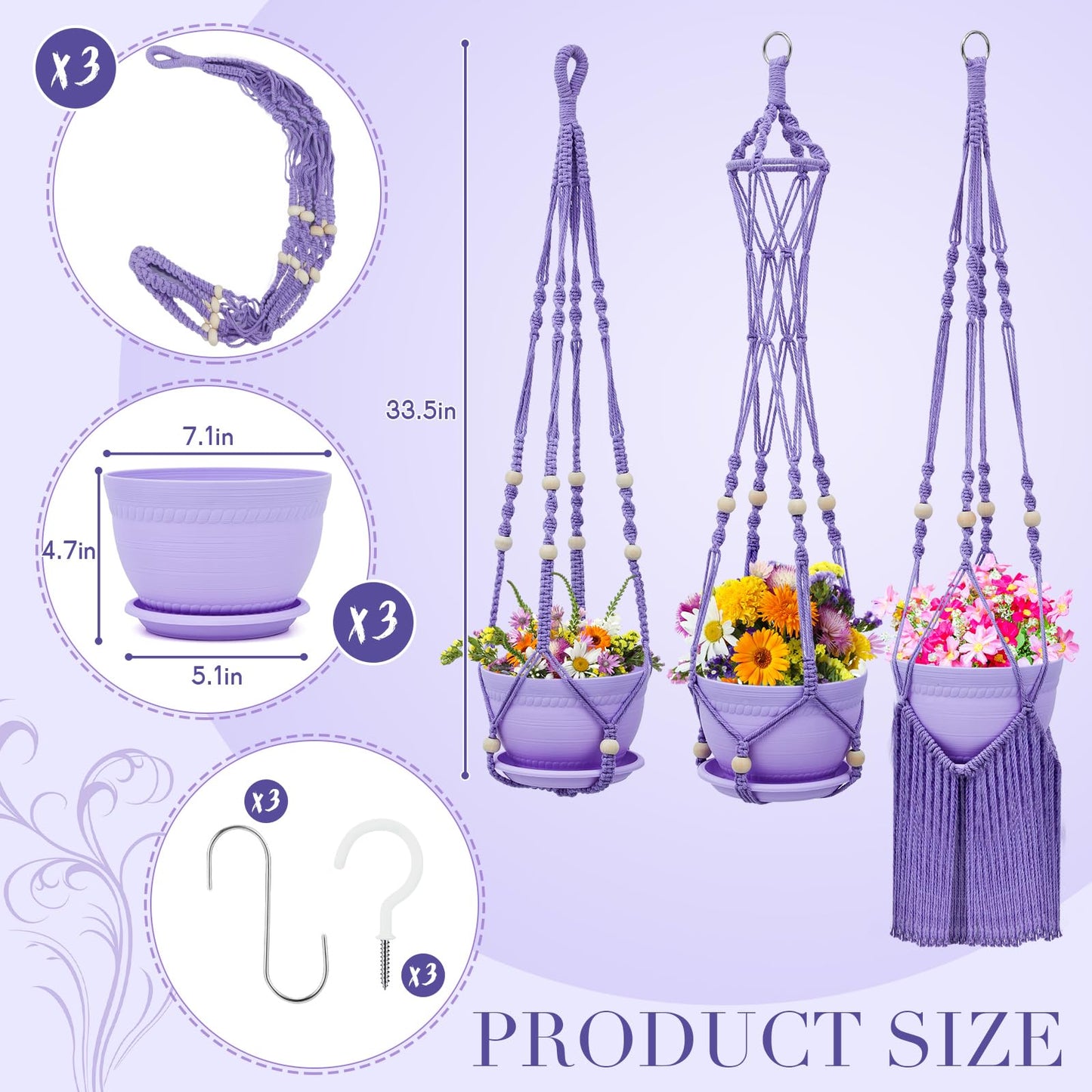 Hushee 3 Pack Crochet Macrame Plant Hanger Hanging Planters for Indoor Plants with Trays and Hooks Hanging Plant Holder Pot with Drainage Hole Boho Plant Hanger for Outdoor Flower Gardening Gift Decor