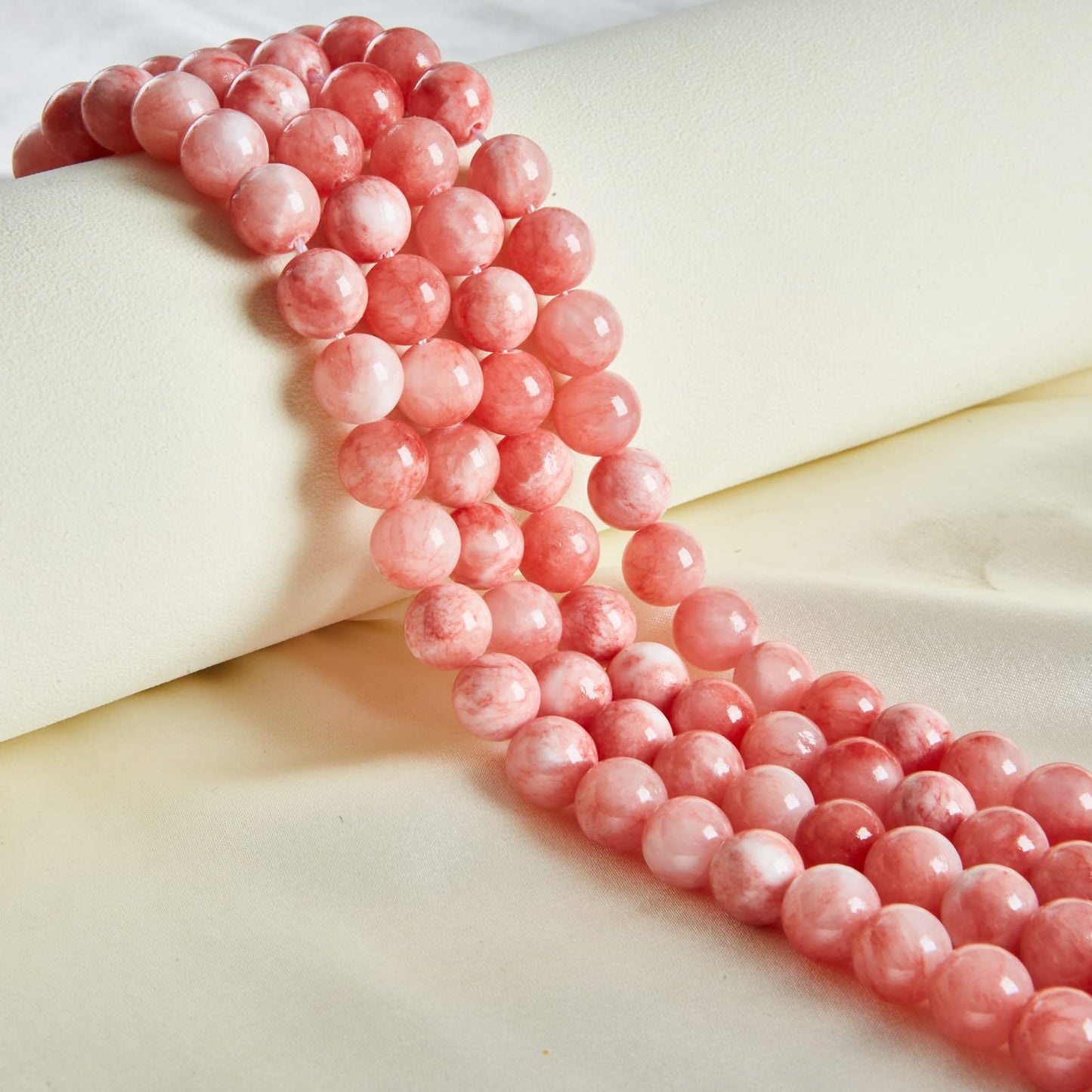 60pcs 6mm Pink White Jade Beads Natural Gemstone Beads Round Loose Beads for Jewelry Making