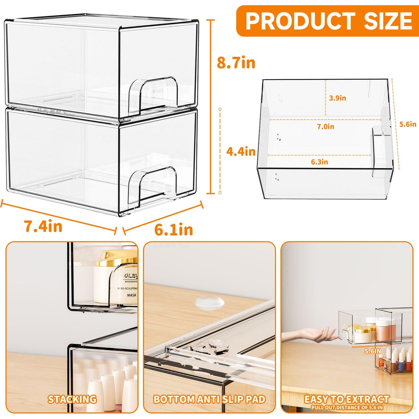 Yieach 2 Pack Clear Stackable Storage Drawers,4.4'' Tall Acrylic Drawer Containers for Organizing,Bathroom Organizers and Storage Bin Box,Plastic Makeup,Medicine Organizer Bins for Cabinet,Undersink