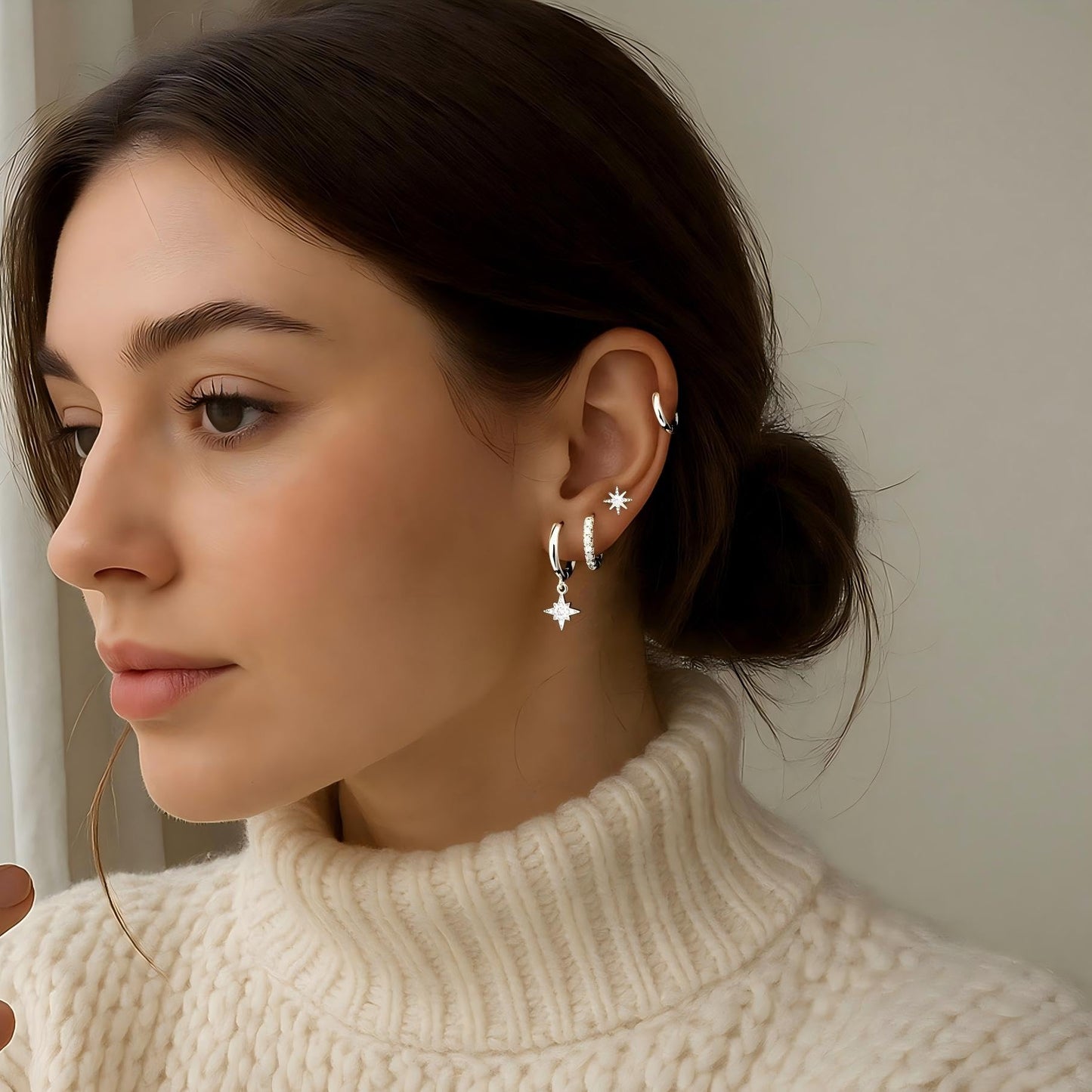 Silver Star Earrings for Women, Silver Star Dangle & Stud Earrings Stack Multiple Piercing Cartilage Hoop Lightweight Hypoallergenic Women Earrings for Sensitive Ears