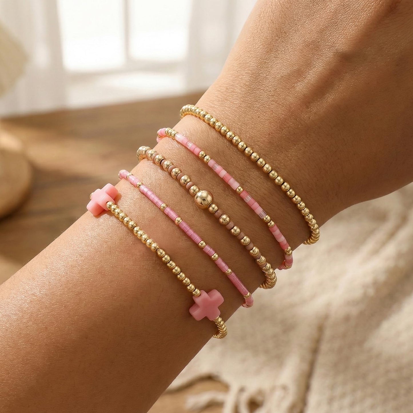 Bohxantium 14K Gold Plated Beaded Stretch Bracelets Stack Set for Women- Pink Stackable Elastic Waterproof Boho Style with Cross Bracelet - Colorful Seed Beads Jewelry Christian Faith Summer Gift