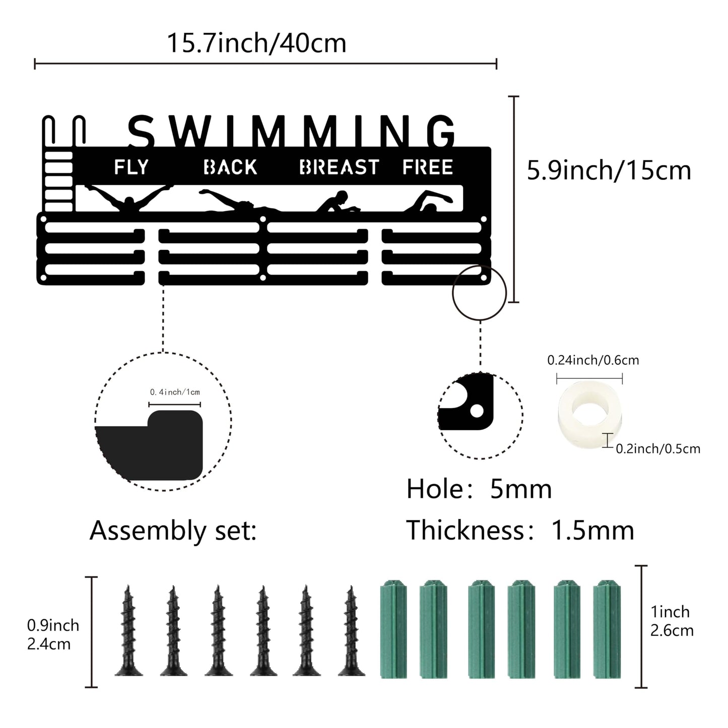 CREATCABIN Swimming Medal Holder Hanger Black Metal Iron Medal Rack Organizer Medal Stand Frame Hanging Over 60 Medals Wall Mounted Hanger for Dancer Ballet Runner 15.7 x 6Inch-Fly Back Breast Free