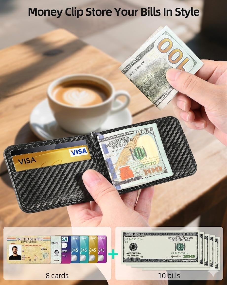 ExtreLife MagSafe Wallet with Money Clip, Work with Apple Find My, Magnetic Phone Wallet Stand for iPhone 17/16/15/14/13/12 Series, 8 Card Holder, RFID Blocking, Rechargeable, Carbon Fiber Black