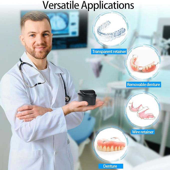 Denture Bath Case Retainer Cleaner Case with Strainer Basket, Denture Cup Dental Retainer Holder Case for Soaking Mouthguard Cleaning Storage Box Case - Black and White