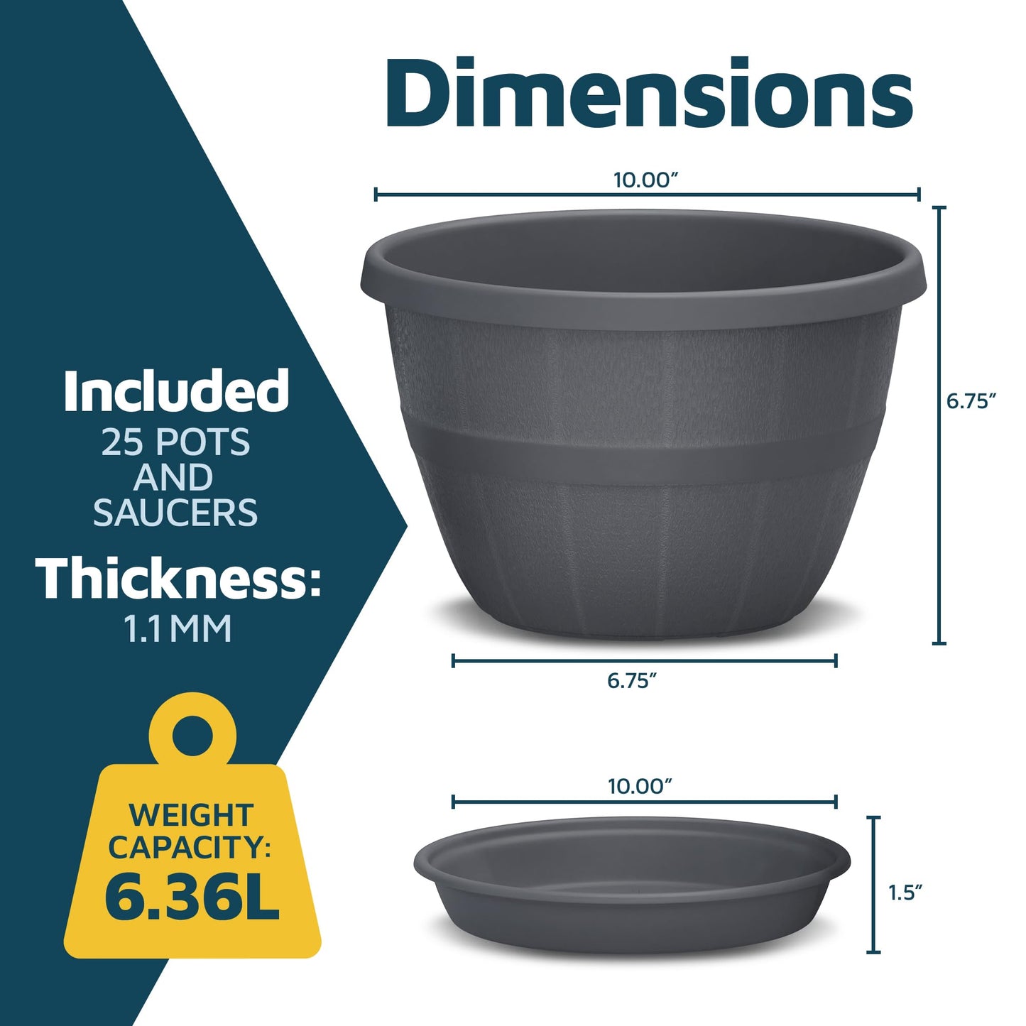 10-Inch Whiskey Barrel Planters Outdoor Pack of 25 - Durable Plastic Plant Pots for Indoor & Outdoor Use with Drainage & Saucer, Lightweight Rustic Barrel Planters for Flowers, Herbs & Small Plants