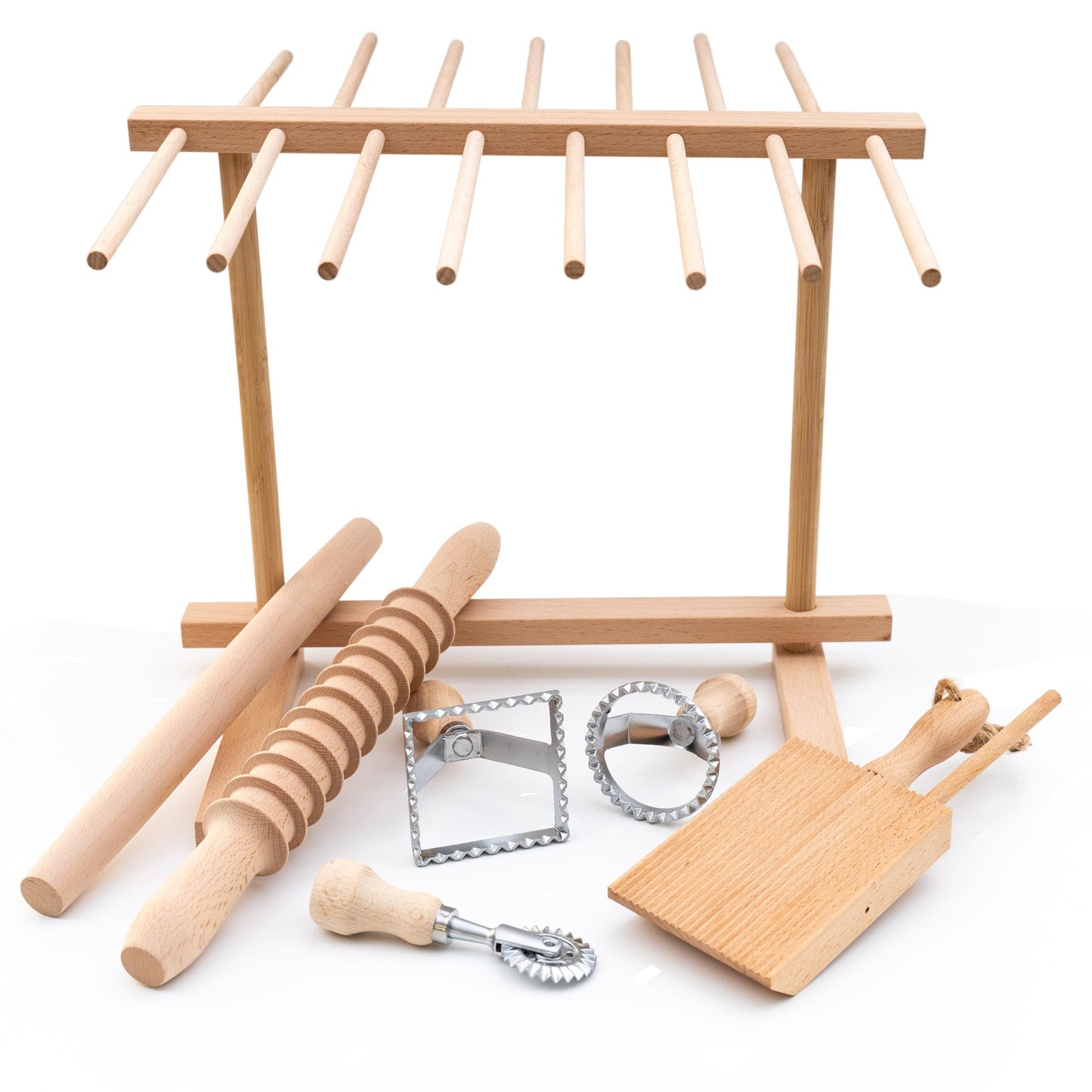 Ultimate 9 Pcs Pasta Making Tool Set Pasta Drying Rack, Pasta Tongs, Two Ravioli Stamp Maker Cutter And Roller Wheel Set, Two Pasta Rolling Pins, Gnocchi Board and Scraper By Cotswold Homeware Co