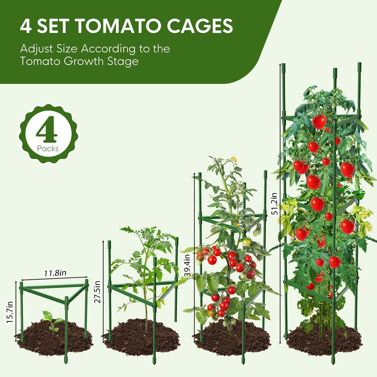 4PCS Tomato Cages for Garden, Tomato Trellis for Raised Garden Bed, 51.2" Tall Cage Plant Support for Pots, Gardening Supplies Trellis for Climbing Plants (4PCS，High: 51.2 Inch)
