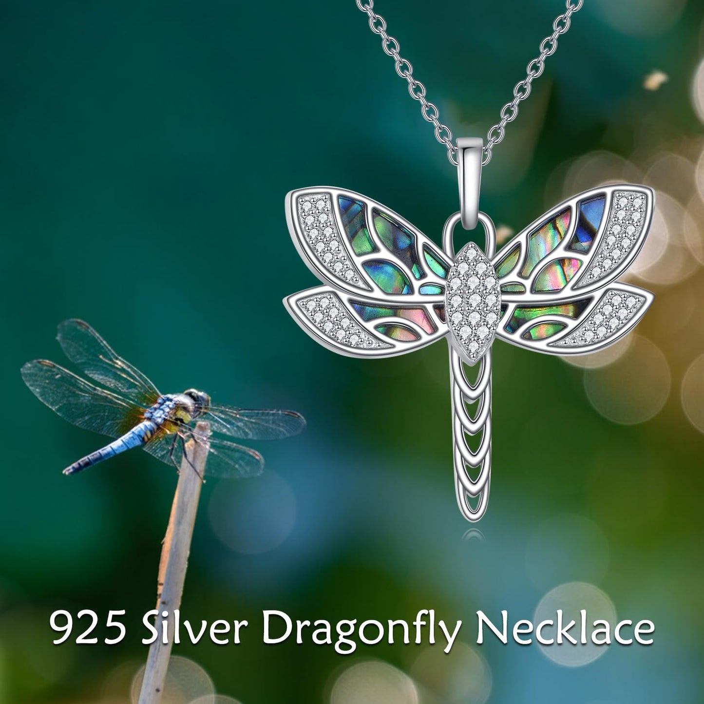 KQF Dragonfly Necklace 925 Sterling Silver Filigree Dragonfly Pendant Abalone Shell Jewelry Gift for Women Mom Daughter