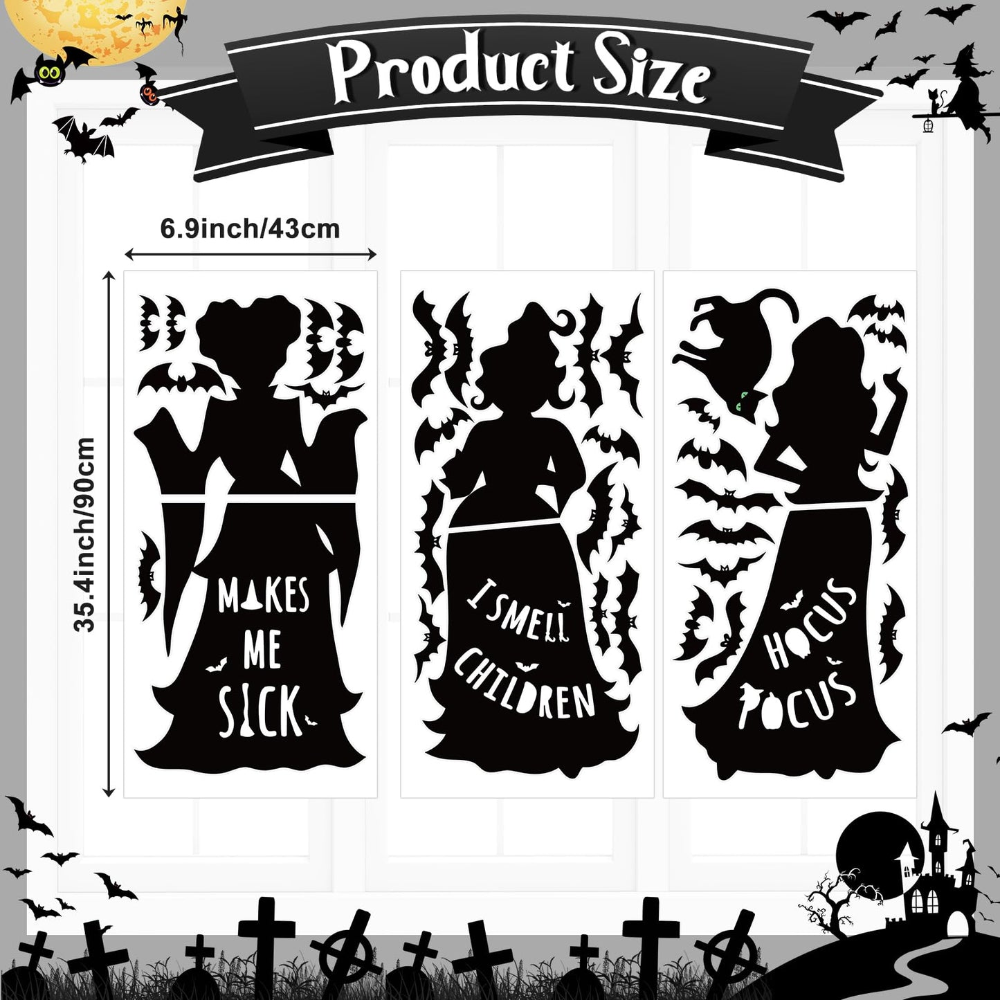 Halloween Window Decals Black Cat Bat Witch Silhouette Reusable Waterproof Static Clings for Glass Home Party Decor 35.4 x 6.9 inch