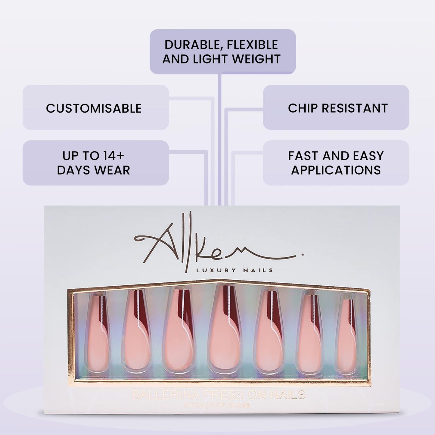 Allkem Mystic French Press on Nails | Glossy Extra Long coffin | 10 sizes - 20 pcs Ballerina Nail kit with Glue