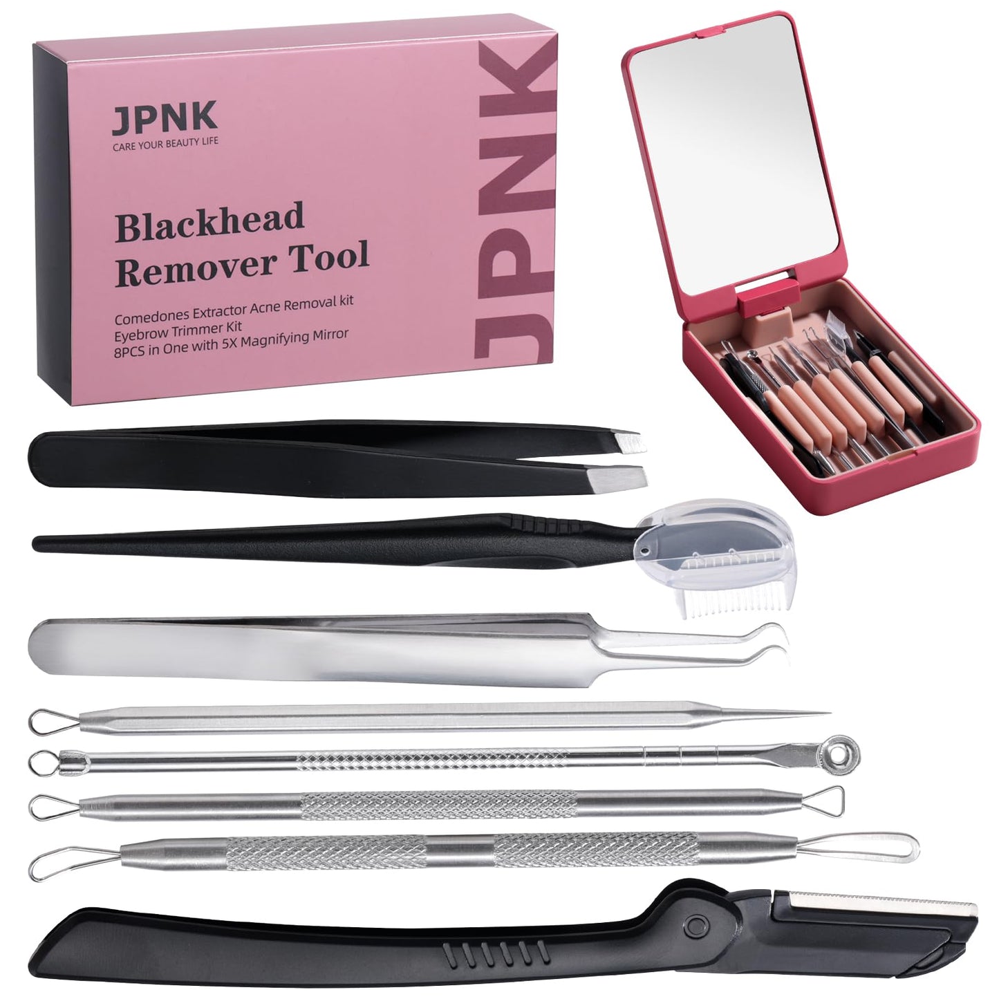 JPNK Blackhead Remover Tool Comedones Extractor Acne Removal kit & Eyebrow Trimmer Kit, 8PCS in One with 5X Magnifying Mirror (Silver)