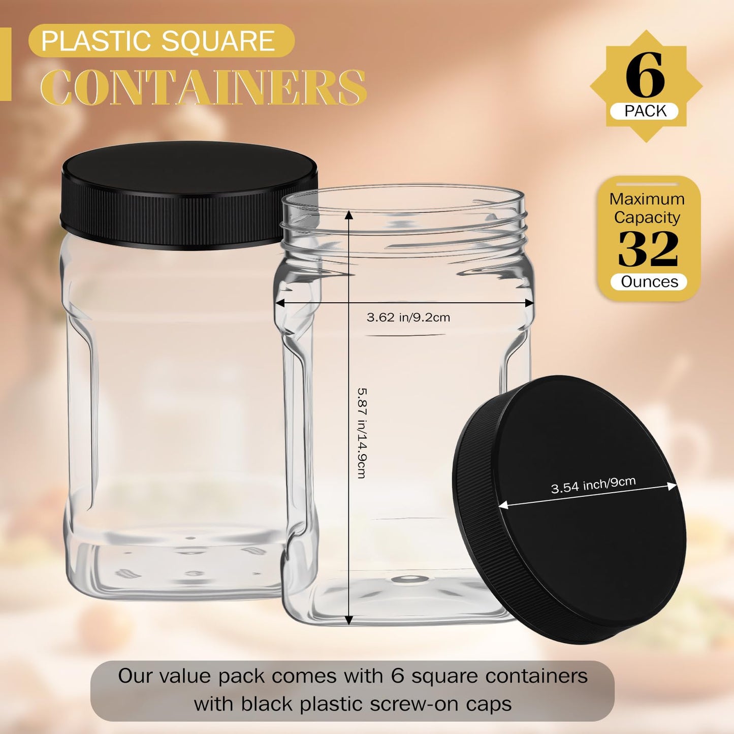 Geiserailie 6 Pcs Square Clear Plastic Jars with Pinch Handle Plastic Storage Container with Screw-on Lids Reusable Wide Mouth Canisters for Dry Good Peanut Cookies Candy (32 oz,Black Lids)
