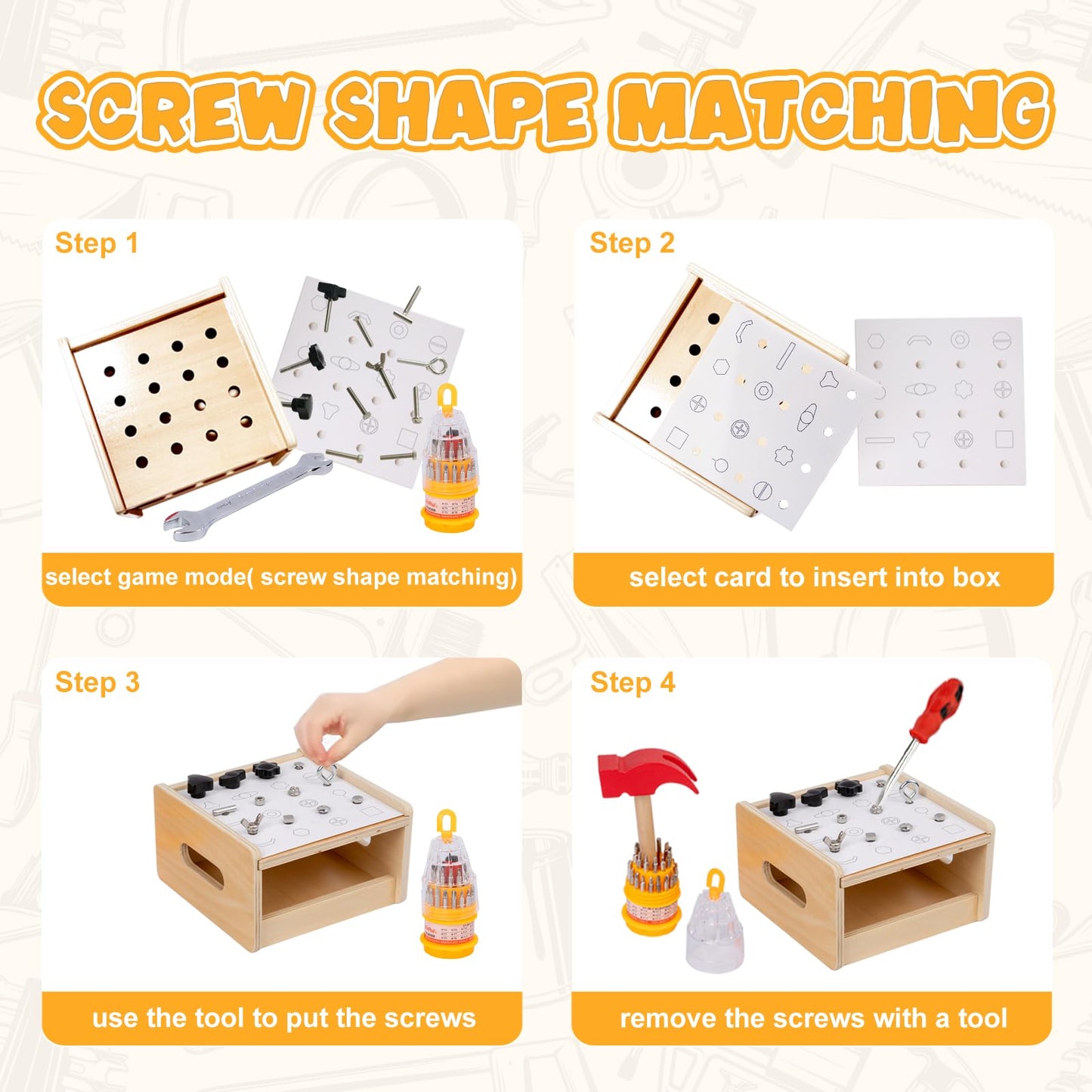 Adena Montessori 2 in 1 Montessori Screwdriver Board Set & Hammer Peg Toy Game Wooden Tool Set for Kids 3 4 5 Year Old