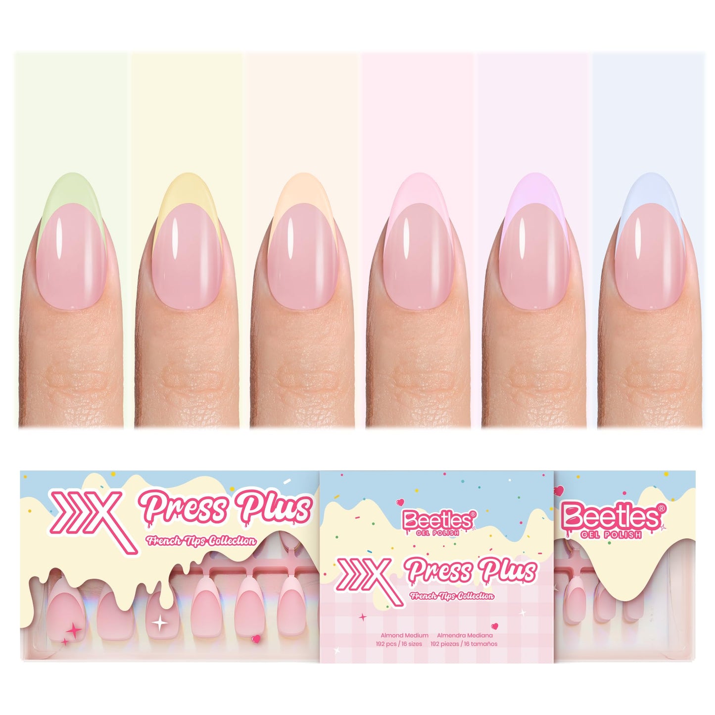 Beetles French Tips Press On Nails - Pastel Spring Medium Almond 6 Colors 192 Pcs with Summer Press On Nails 224 Pcs 7 Colors French Tip Medium Almond