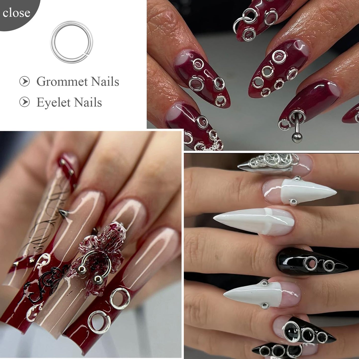 Furtherpretty Gothic Punk Nail Piercing Charms, Gold Silver Open Rings Dangle Nail Charms Y2K Piercings for Nails Grommets Eyelets Nail Art Decorations Accessories DIY Manicure Supplies with Tweezers